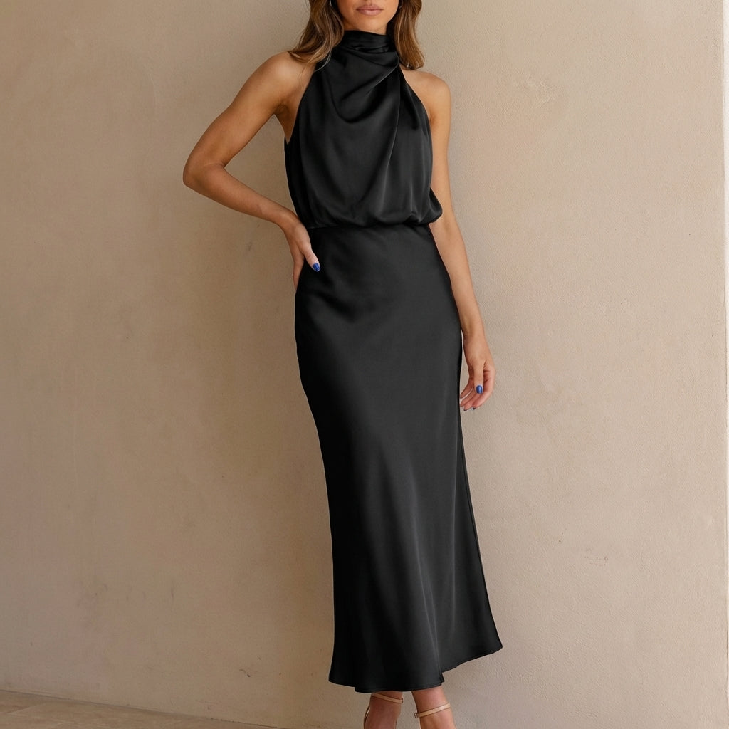 Sophisticated women's midi formal dress featuring a chic halter neck and elegant blouson waist.