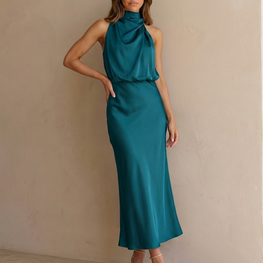Stylish sleeveless cocktail dress with a draped design, halter neckline, and flattering blouson waist.