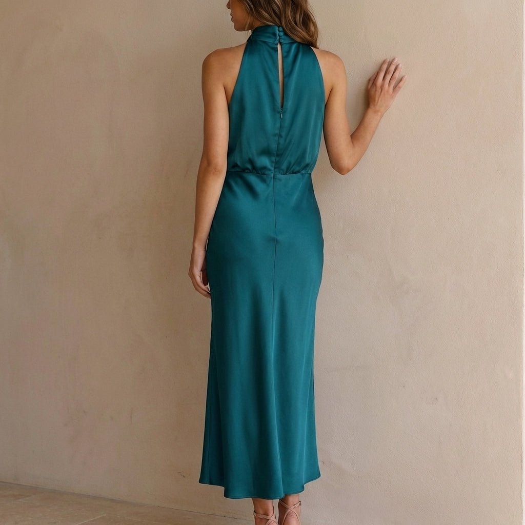 Beautiful women's special occasion midi dress, elegant with a draped halter top and blouson waist.