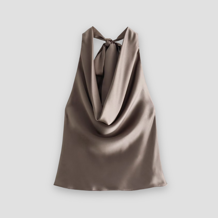 Elegant women's draped halter neck tank top, perfect for evening wear or chic summer fashion outfits.