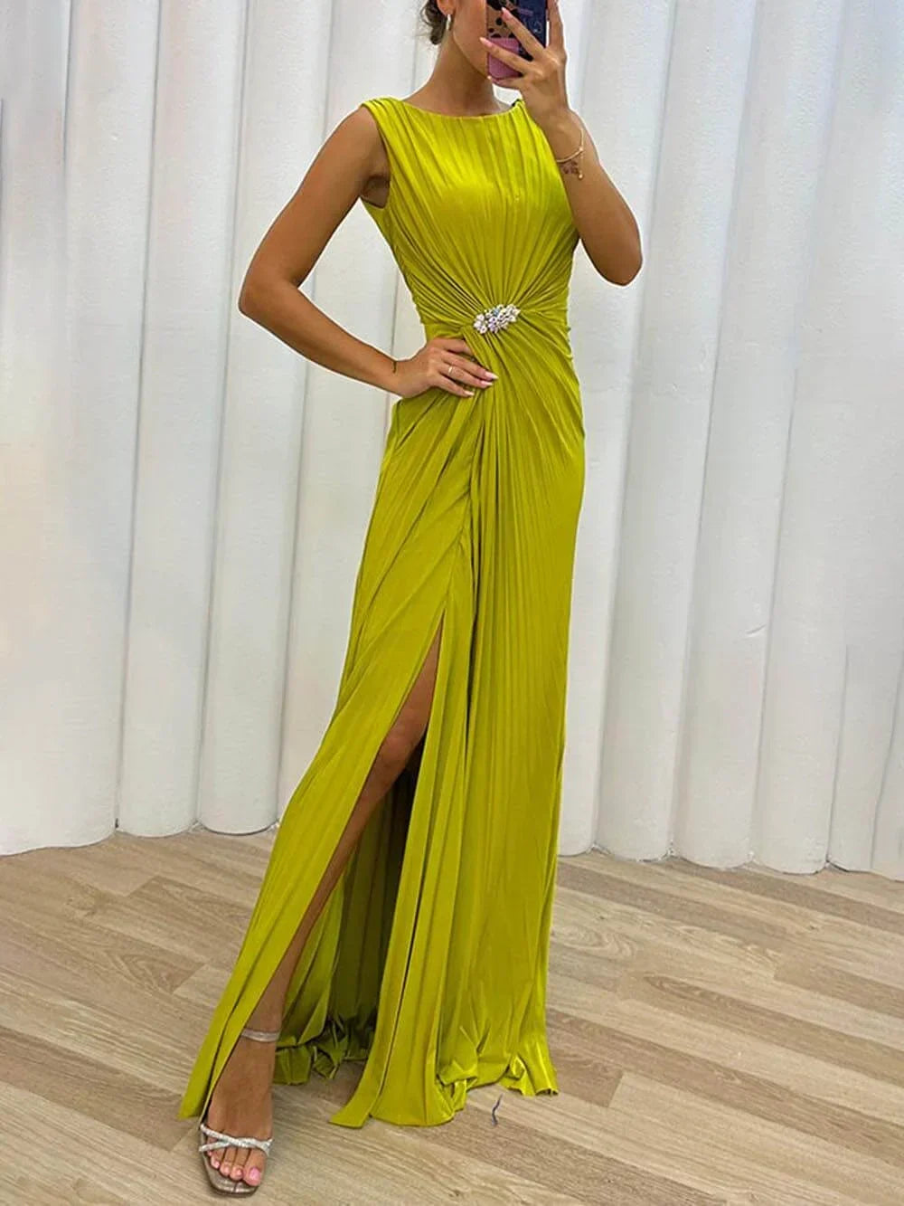 Elegant women's draped maxi wedding guest dress. Perfect for formal events, evening wear, or special occasions.