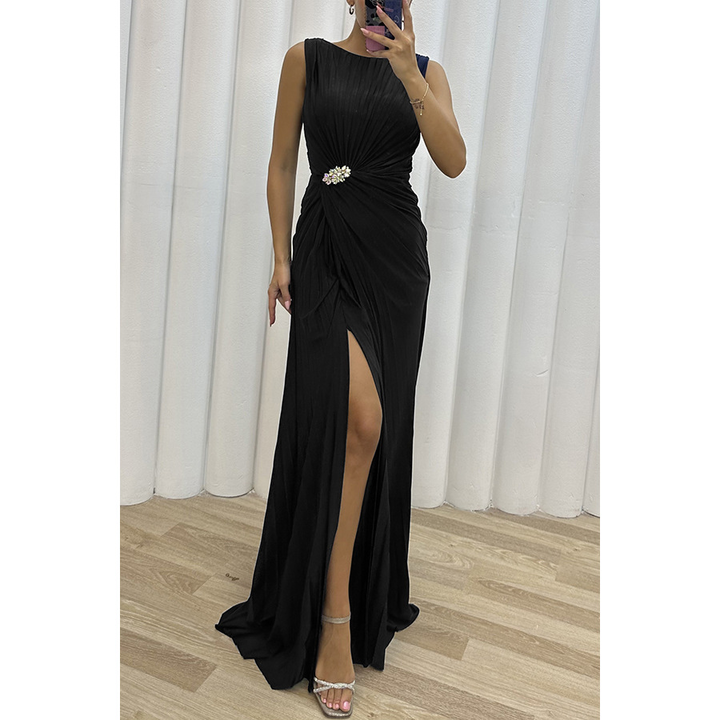 Stylish women's elegant maxi dress with beautiful draping, suitable for wedding guests and formal events.