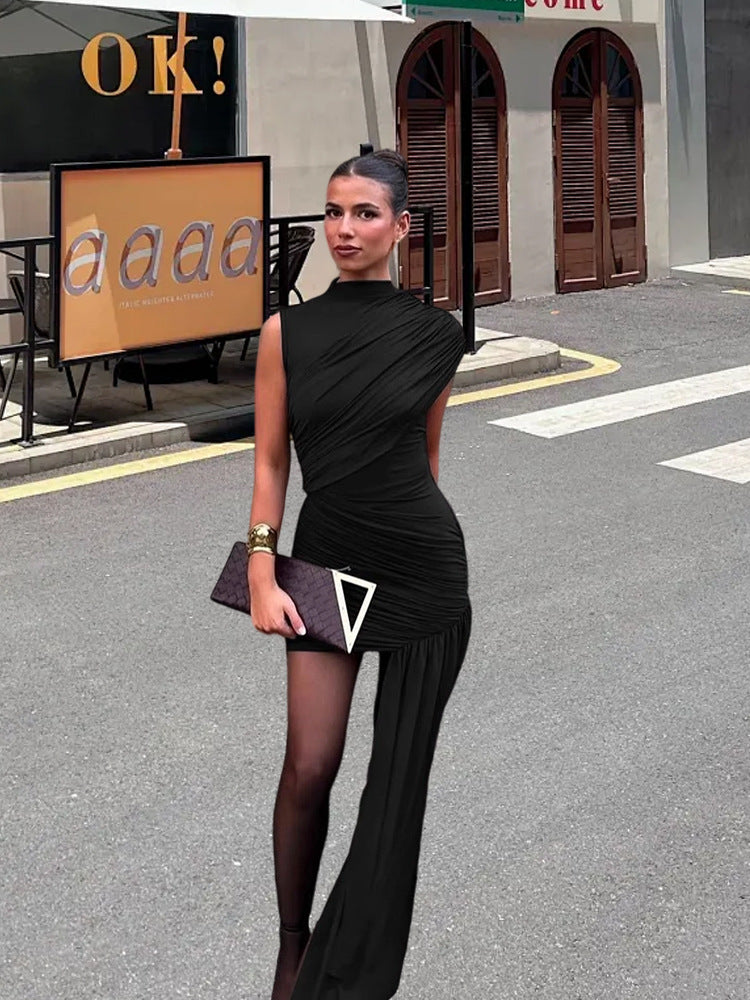 Chic women's elegant mini dress with stylish draping, great for evening events.
