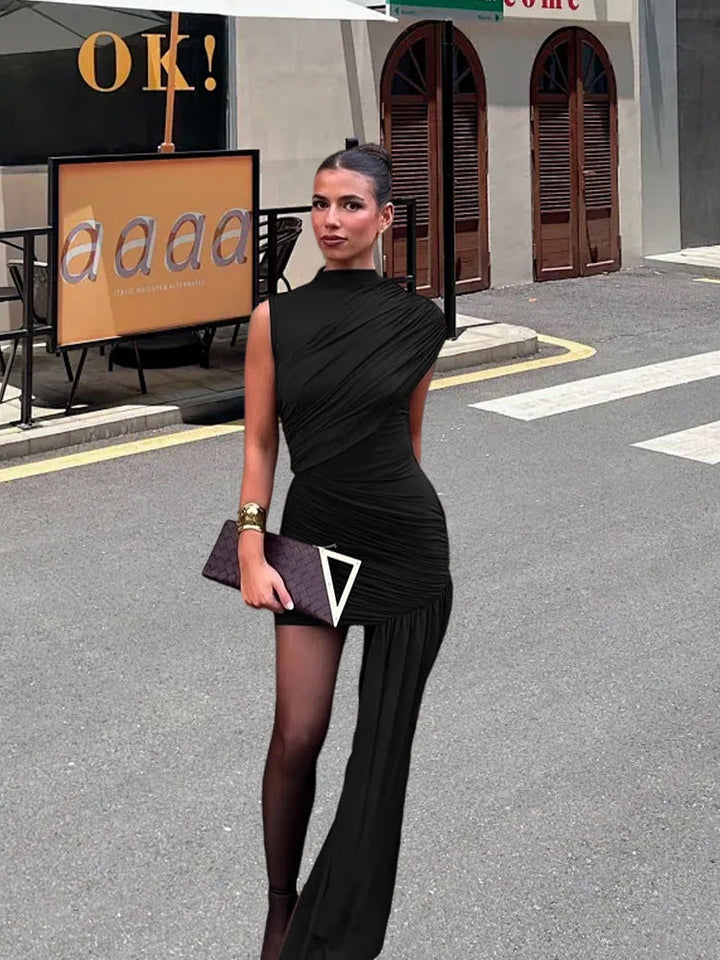Chic women's elegant mini dress with stylish draping, great for evening events.
