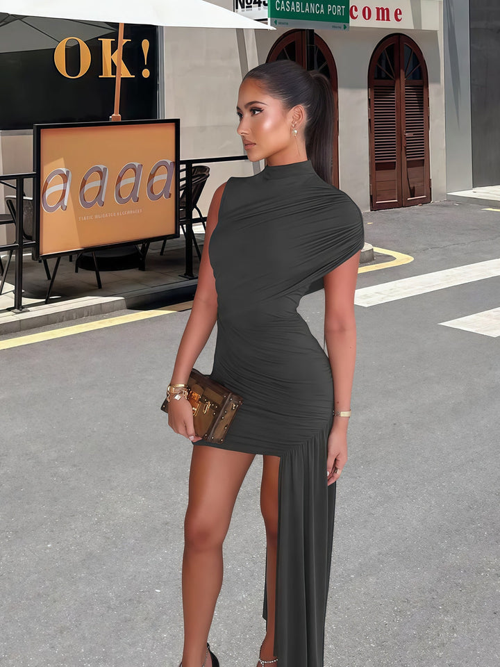 Sophisticated women's mini dress with an elegant draped design, perfect for evening wear.