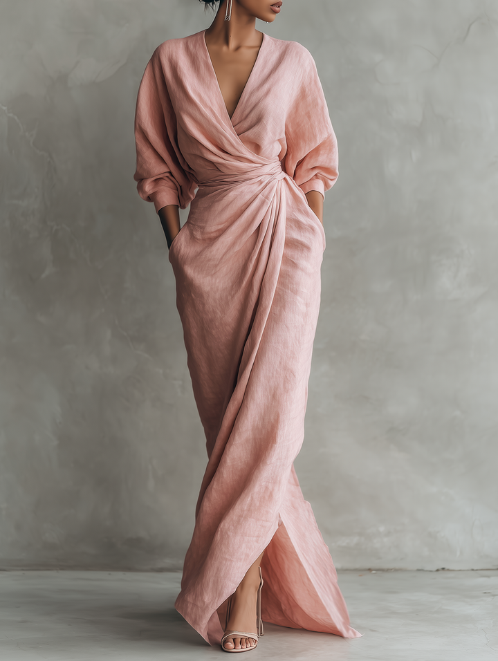 Elegant women's draped wrap V-neck maxi dress with batwing sleeves, perfect for evening wear.