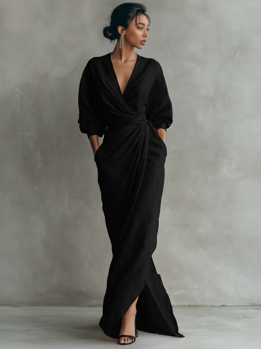 Beautiful women's elegant V-neck wrap dress with batwing sleeves, perfect for evening occasions.
