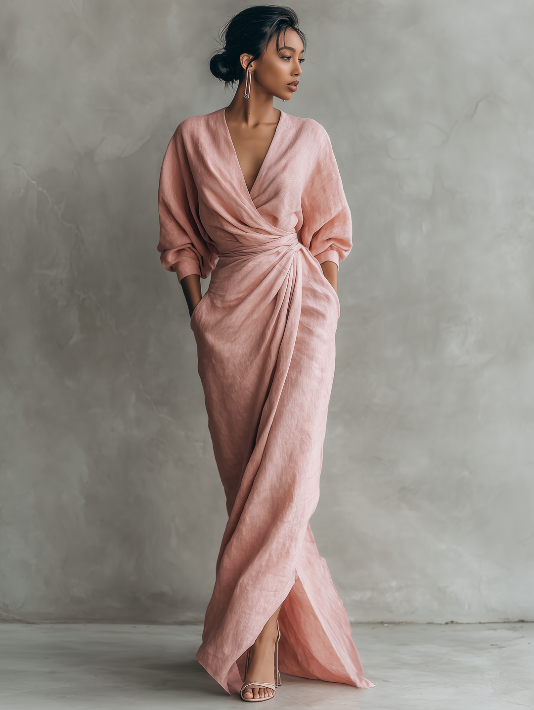 Long elegant women's dress with a draped wrap V-neck & stylish batwing sleeves for special events.