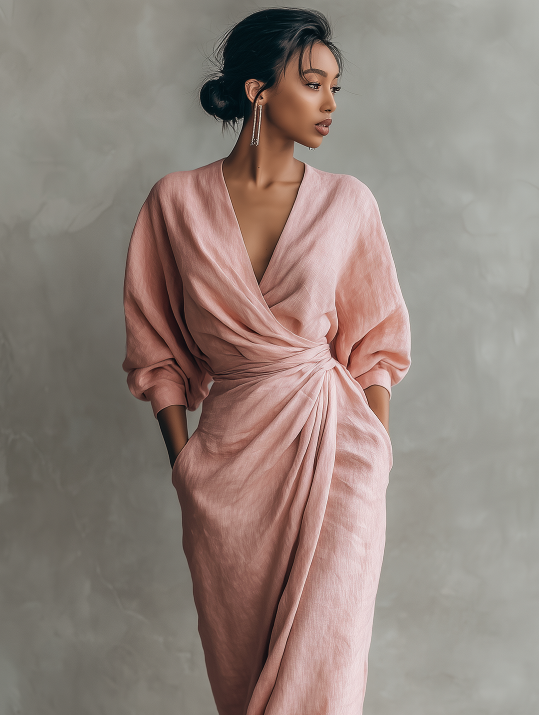 Women's formal evening wrap maxi dress with sophisticated V-neck and flattering batwing sleeves.