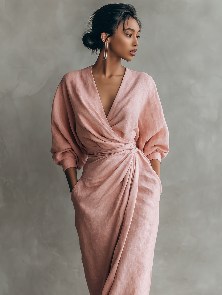Women's formal evening wrap maxi dress with sophisticated V-neck and flattering batwing sleeves.