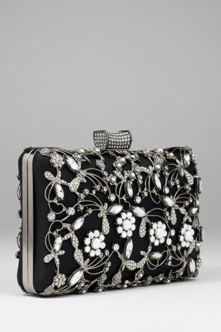 Elegant women's embroidered clutch evening bag with decorative stones, perfect fashion accessory for parties.