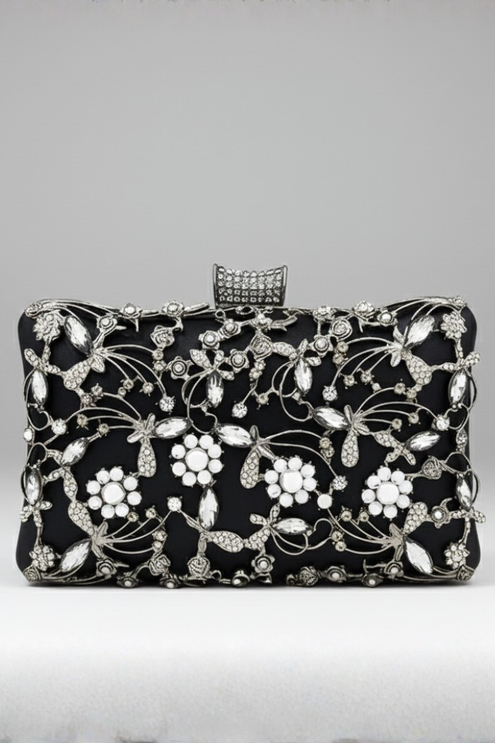 Stylish black embroidered clutch bag featuring sparkling decorative stones, ideal for evening events & parties.