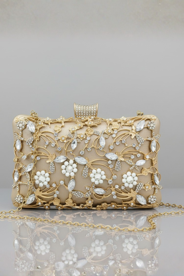 Beautiful women's embroidered clutch with elegant decorative stones, a versatile evening bag & fashion accessory.
