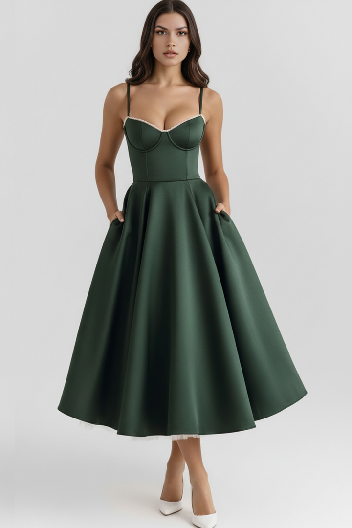 Sophisticated Enchanting Grace midi dress, perfect for summer celebrations & cocktail parties.