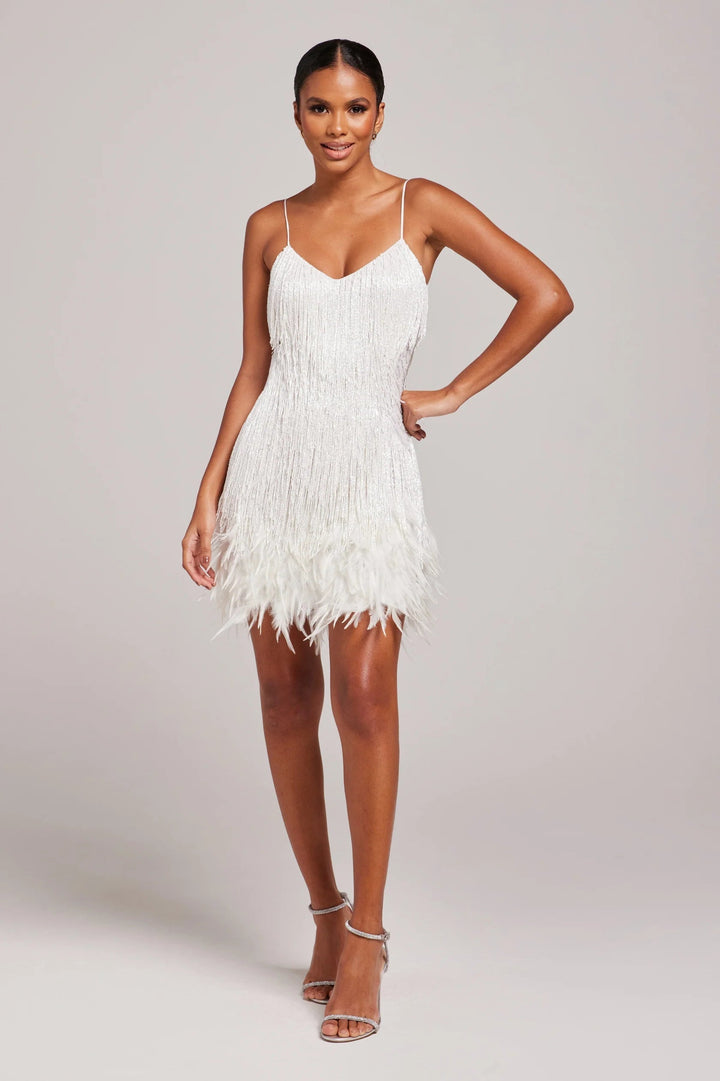 Elegant women's feather fringe cocktail dress, perfect for special occasions.