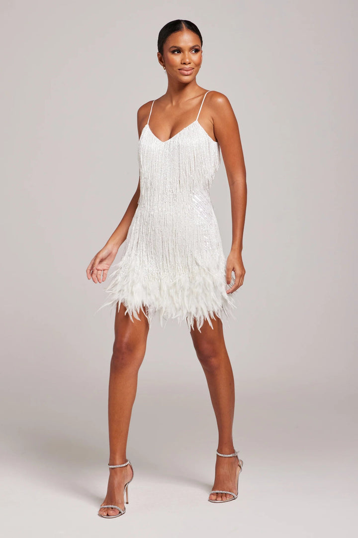 White feather fringe women's cocktail dress, an elegant choice for parties & events.