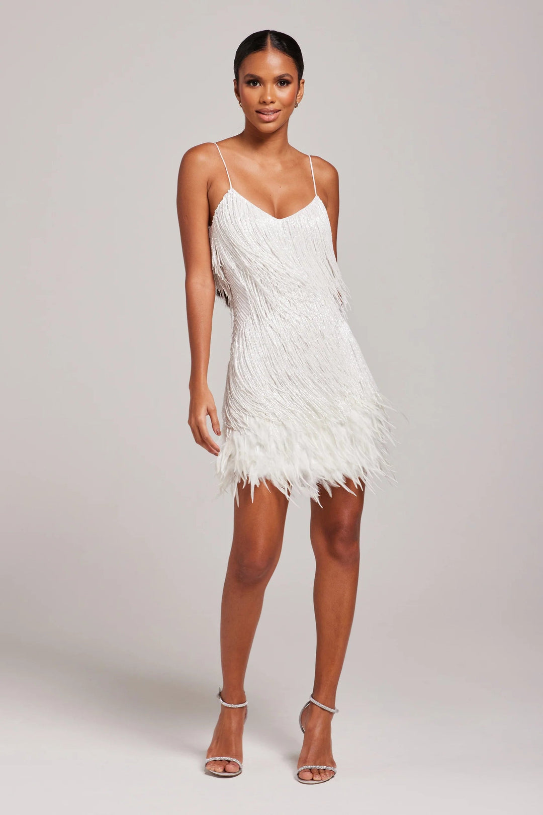 Gold feather fringe short party dress for women, ideal for gala nights & formal events.