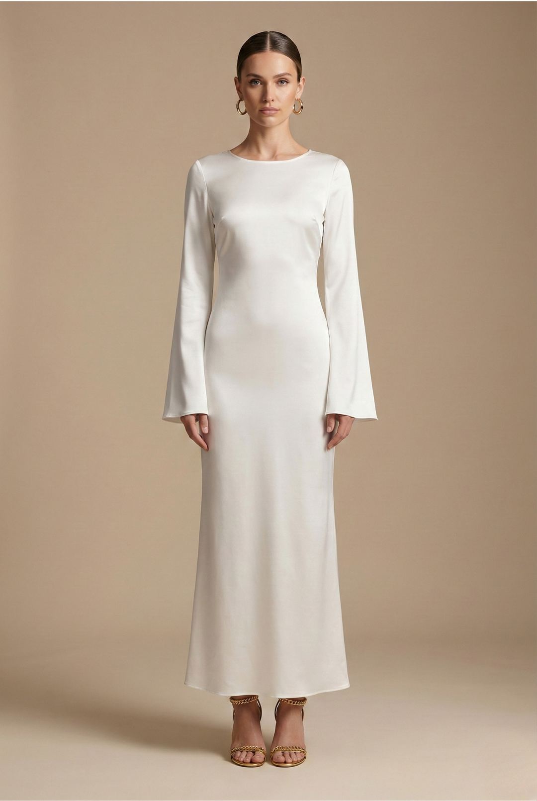 Elegant women's flare sleeve column maxi dress. Perfect for evening gowns, formal events, and wedding guests.