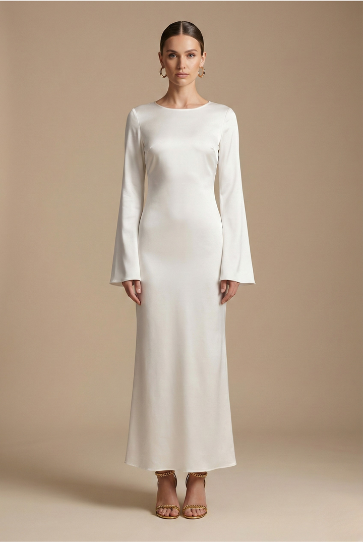 Elegant women's flare sleeve column maxi dress. Perfect for evening gowns, formal events, and wedding guests.