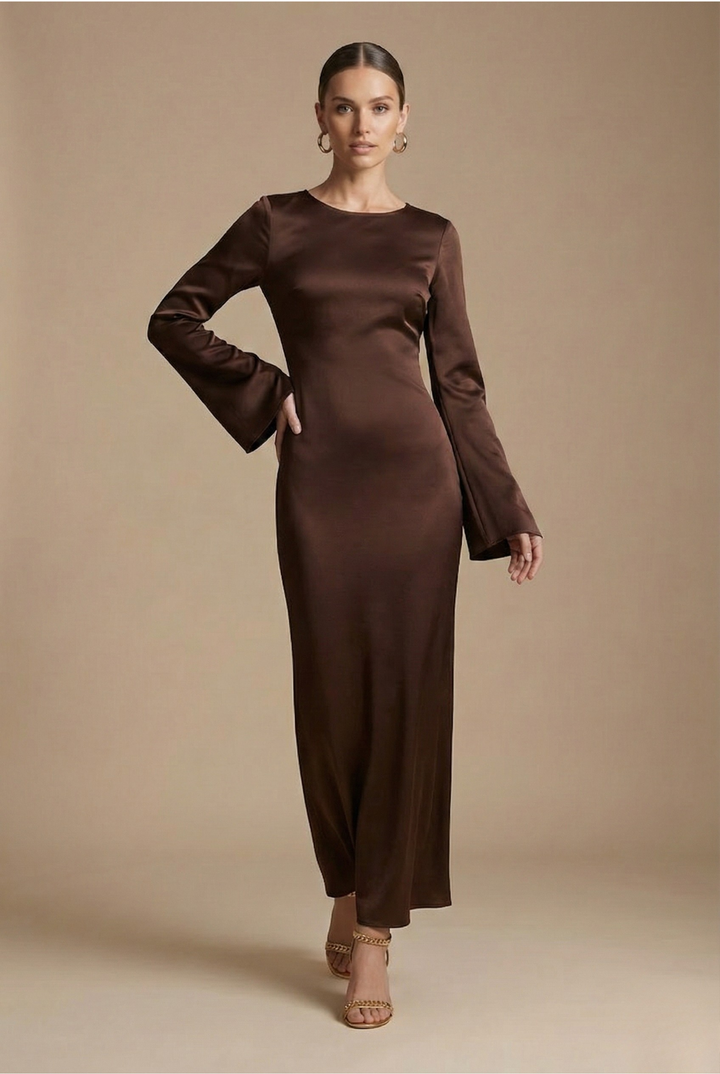 Statement women's column maxi dress with graceful flare sleeves, perfect for black-tie events, evening gowns & formal parties.