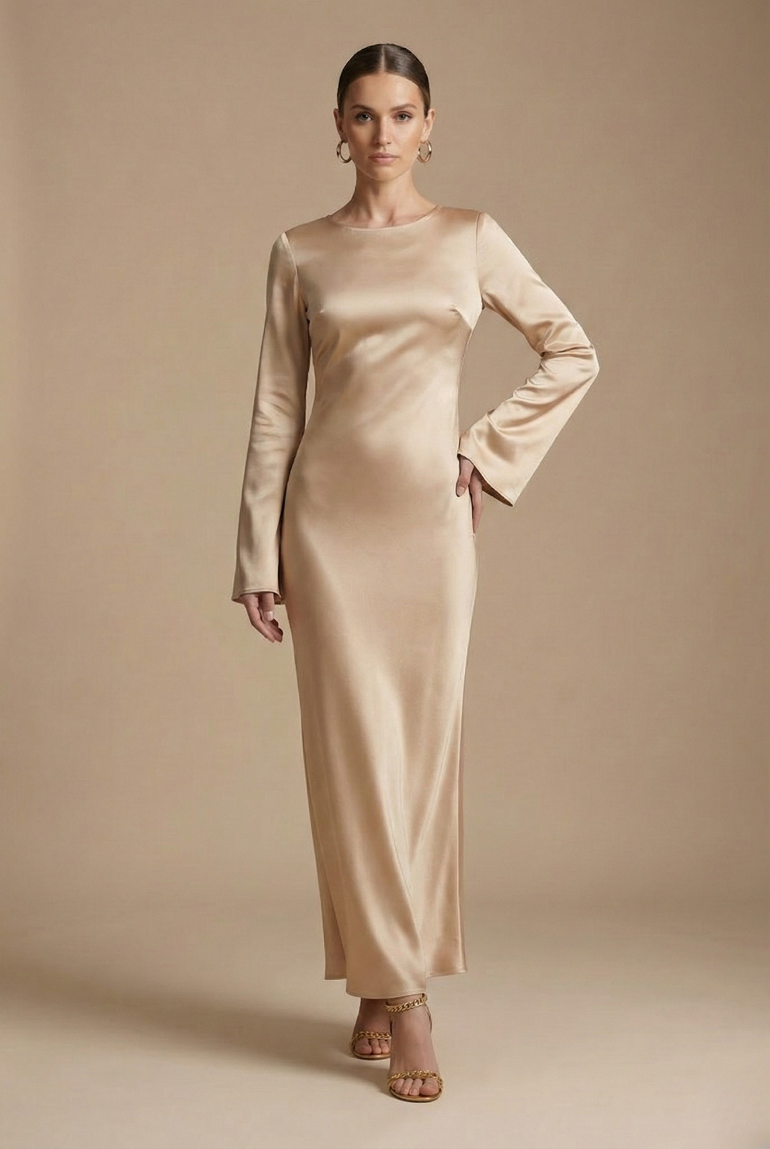Classy women's flare sleeve column maxi dress. Versatile for special occasions, evening gowns, formal dinners & galas.