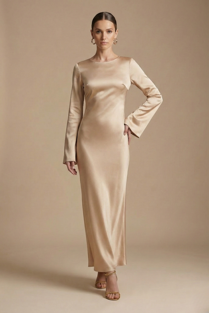 Classy women's flare sleeve column maxi dress. Versatile for special occasions, evening gowns, formal dinners & galas.