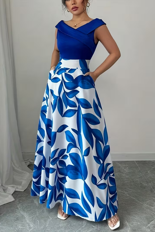 Elegant women's floral A-line maxi dress with v-neck and pockets, perfect for summer occasions.