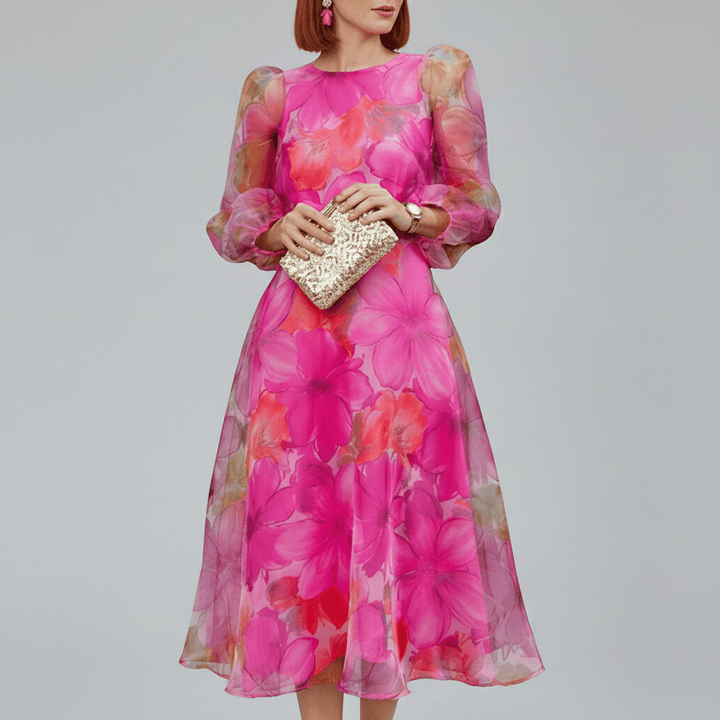 Elegant women's floral A-line midi dress with puff sleeves, perfect for wedding guests. Vibrant blue & pink summer party dress.