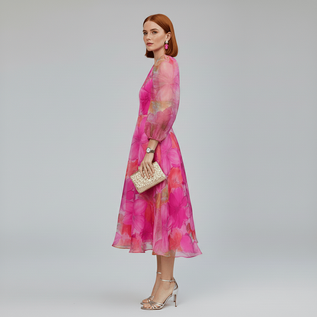 Woman wearing a chic floral puff sleeve A-line midi dress for a wedding guest. Elegant blue & pink spring occasion wear.
