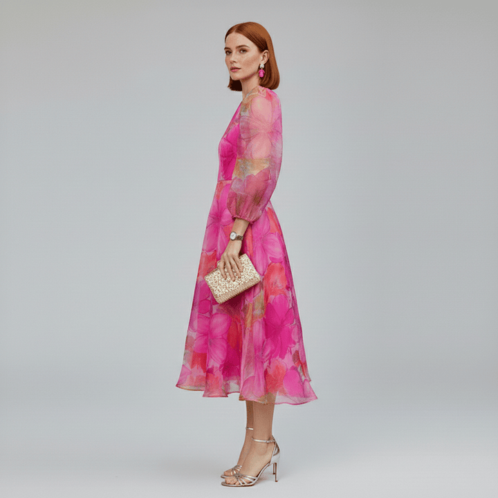 Woman wearing a chic floral puff sleeve A-line midi dress for a wedding guest. Elegant blue & pink spring occasion wear.