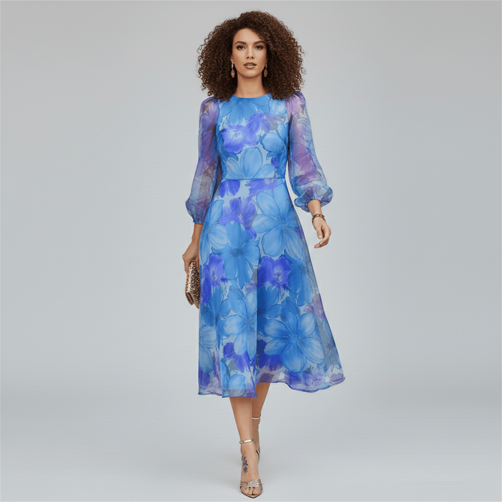 Stylish women's midi dress for wedding guests. Features vibrant floral print, puff sleeves & A-line silhouette in blue & pink.