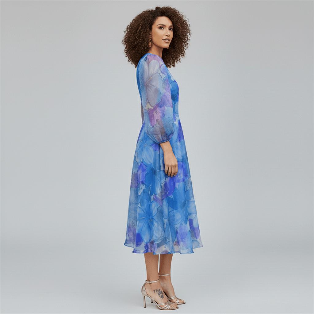 Beautiful floral puff sleeve A-line midi dress for women. Vibrant blue & pink formal or party wear, perfect for spring/summer.