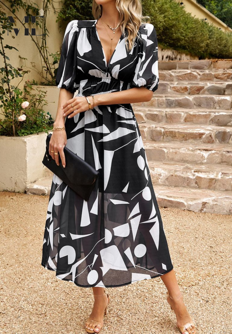 Vibrant floral A-line midi dress for women, short sleeves, suitable for elegant occasions.