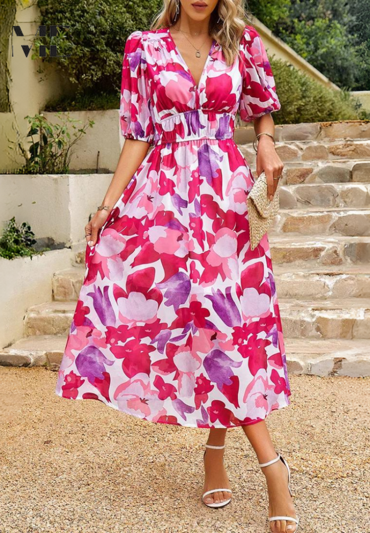 Classic A-line floral midi dress for women, short sleeves, offering versatile summer style.