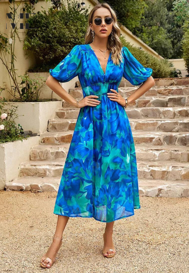 Comfortable short sleeve A-line floral midi dress, a versatile piece for women's summer wardrobe.