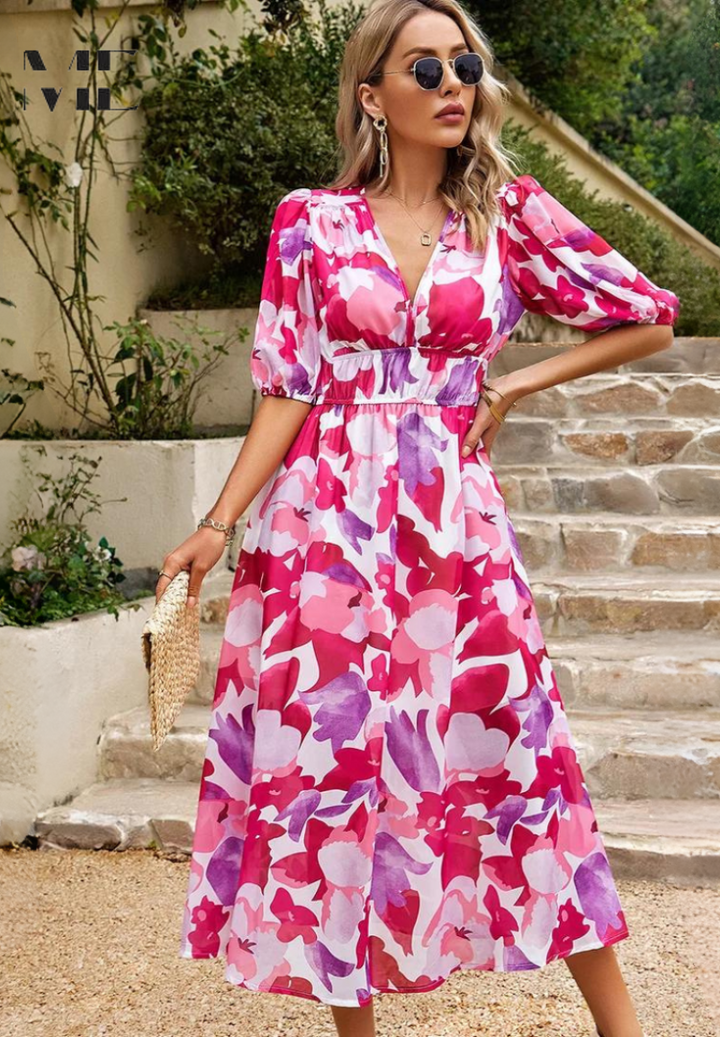 Elegant women's short sleeve floral midi dress, A-line cut, comfortable and versatile for summer.