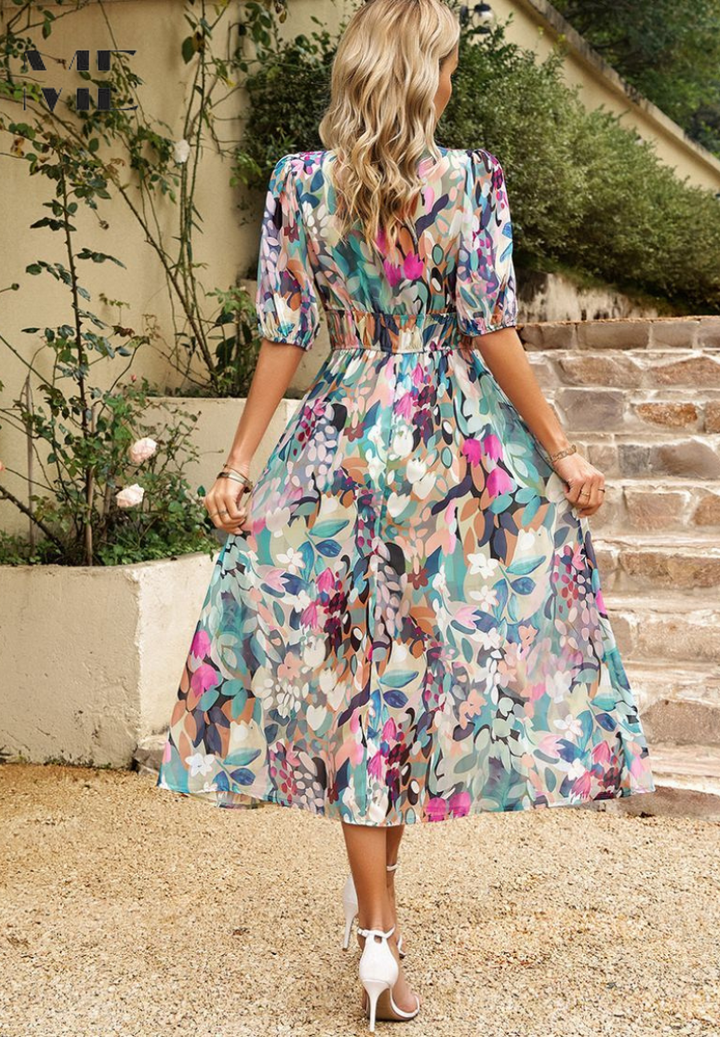 Comfortable floral A-line midi dress for women, perfect for elegant casual wear.