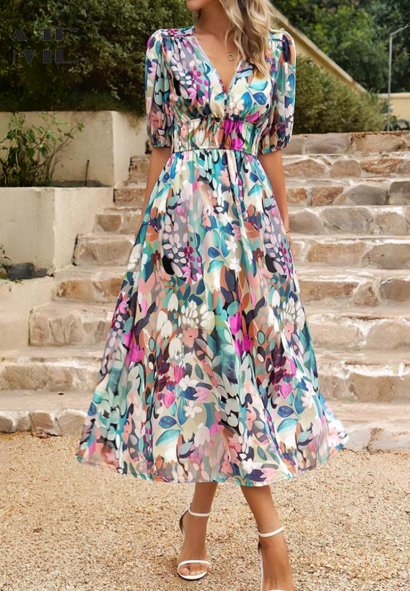 Versatile women's short sleeve floral midi dress, ideal for summer occasions.