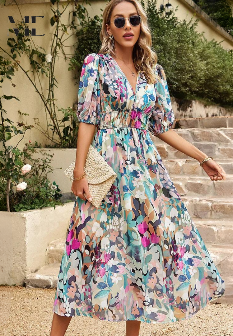 Beautiful A-line floral midi dress with short sleeves, an elegant choice for women.