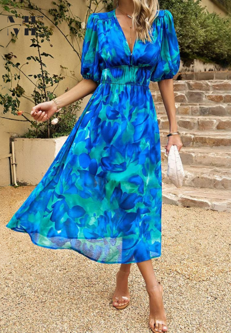 Pretty floral A-line midi dress for women, short sleeves, perfect for elegant casual summer style.