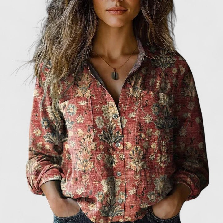 Elegant women's floral blouse with lapel collar & long sleeves. Chic and versatile for office or casual wear.