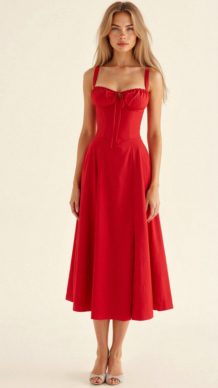 Women's elegant floral midi dress with a flattering corset and a stylish high slit for events.
