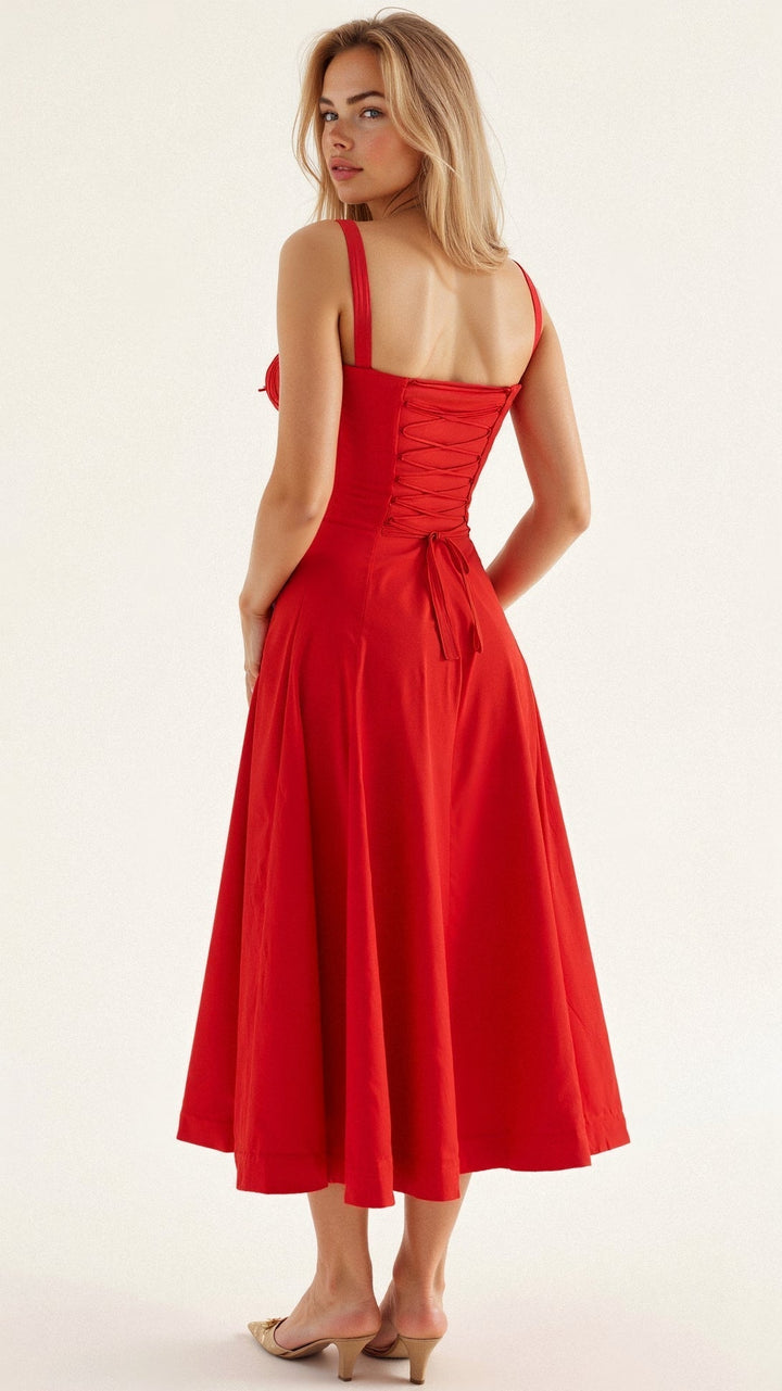 Beautiful women's floral midi dress, elegant corset design, strappy, perfect for summer.