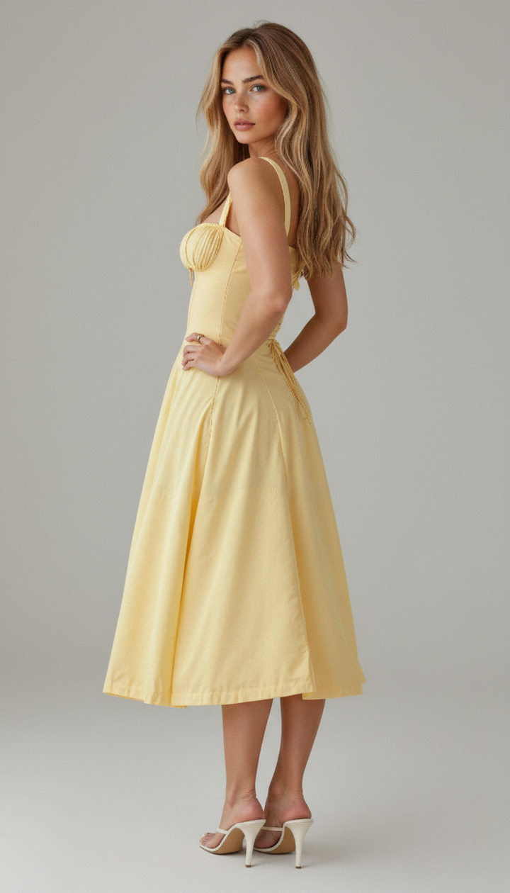 Women's cocktail floral midi dress, elegant corset bodice, and a sophisticated side slit.
