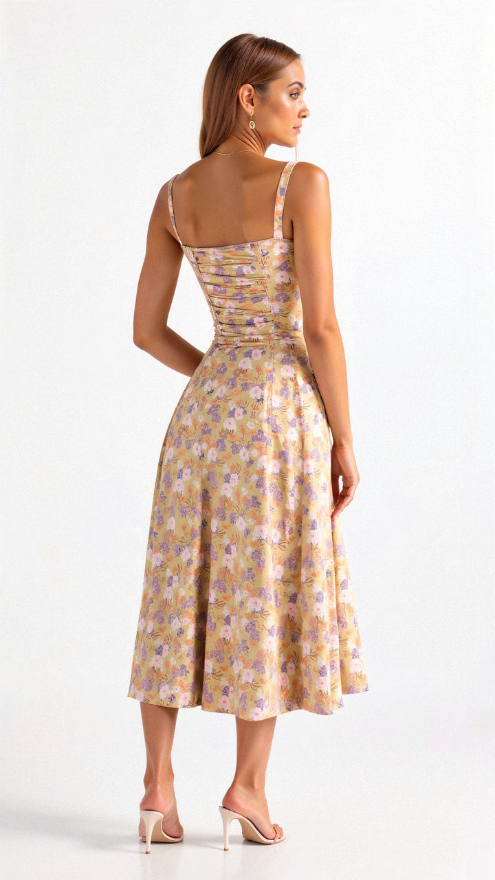 Women's strappy floral midi dress featuring an elegant corset bodice & a stylish side slit.