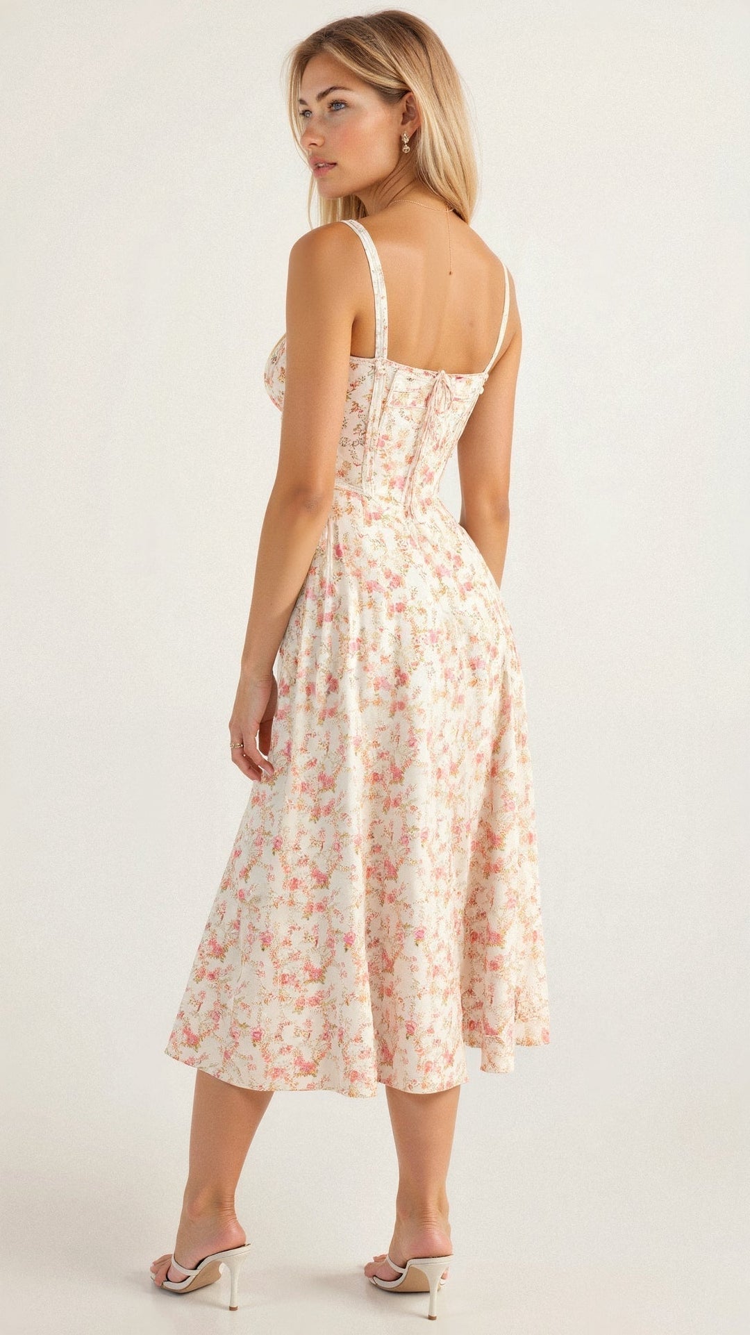 Women's summer elegant floral midi dress, strappy corset bodice, and attractive leg slit.
