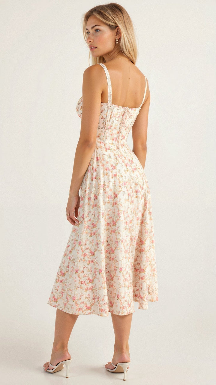 Women's summer elegant floral midi dress, strappy corset bodice, and attractive leg slit.