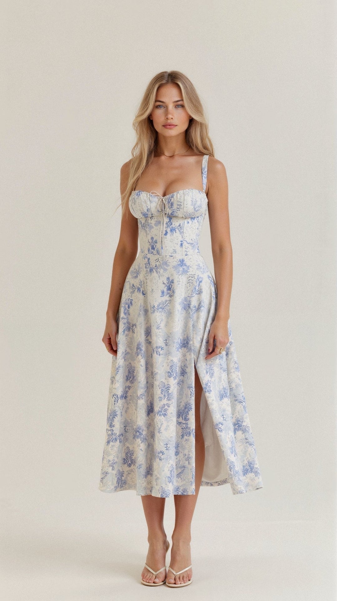 Floral pattern midi dress for women, elegant corset style, and a sophisticated high slit.
