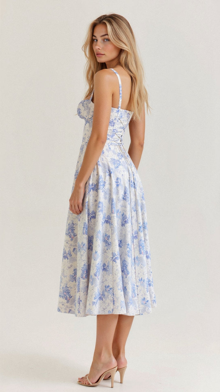 Party-ready women's floral midi dress with an elegant corset, strappy design, and a chic slit.