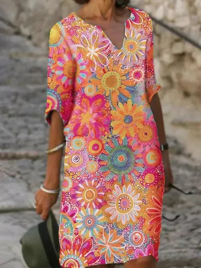 Elegant women's floral evening dress with vibrant print & flattering tummy control design, perfect for parties.